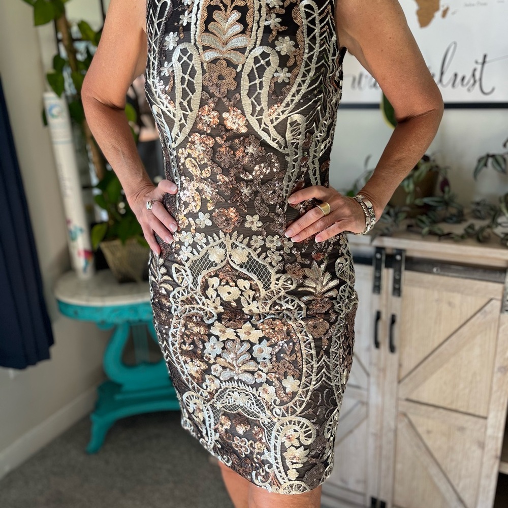 NWT 4 Calvin Klein Blk Copper & Gold Lace & Sequin formal body-con dress wedding